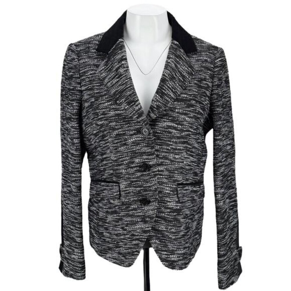 PINK TARTAN Wool Blend Black Velvet Trim 3 Button Blazer Jacket Sz 8 White Black